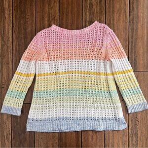 Talbots 100% Cotton Open Knit Pastel Stripe Sweater Boho Rainbow Coastal Medium